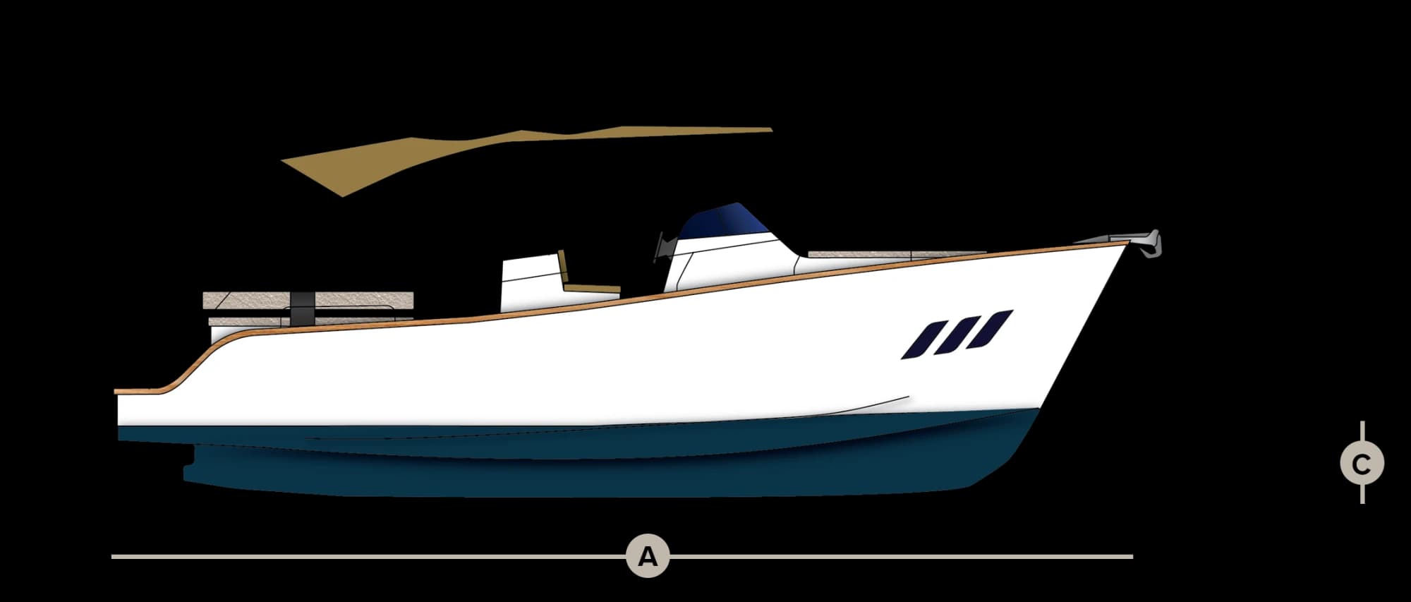 Side-view line drawing of the Wia 330 hull.