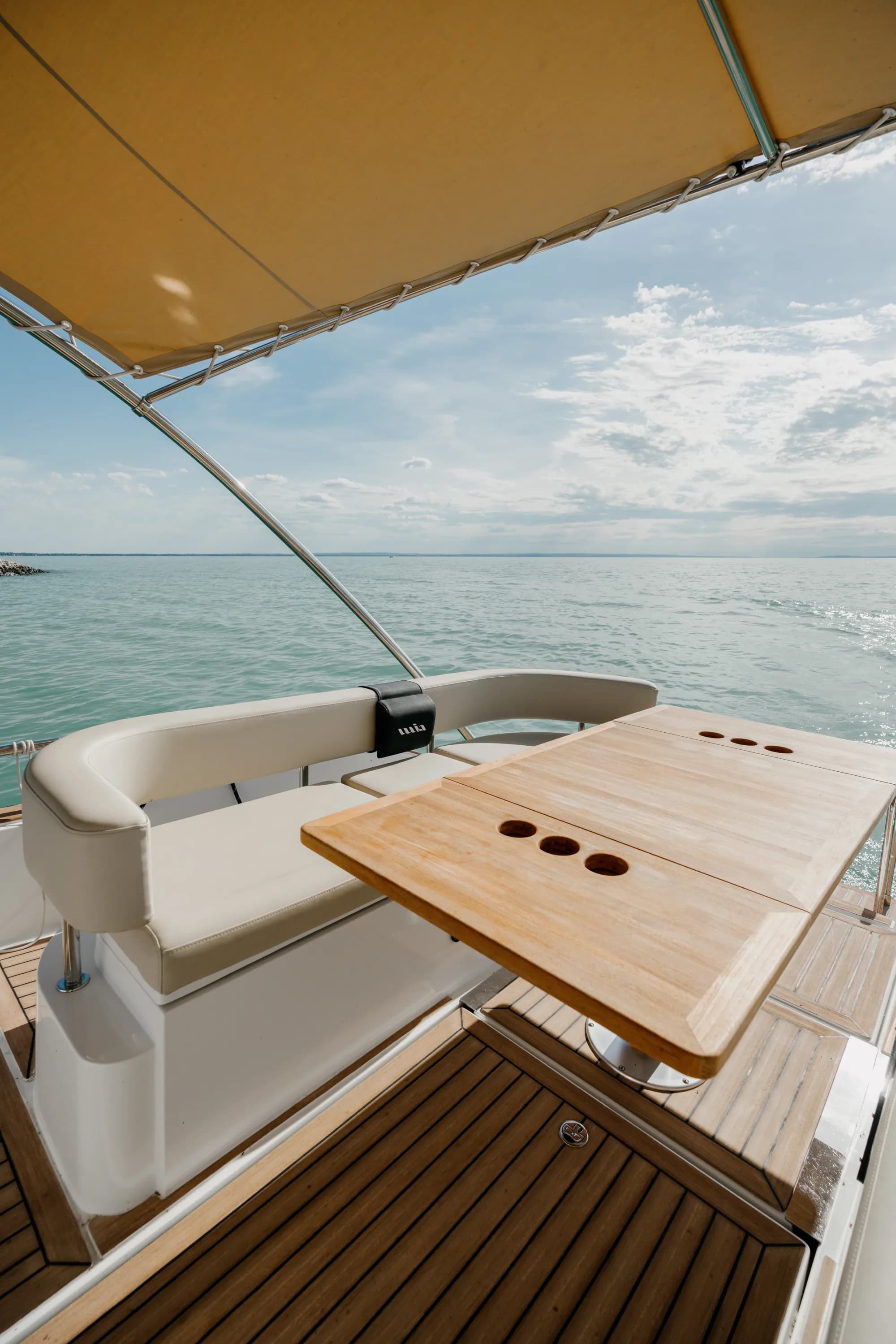 The teak-trimmed deck of the Wia 330 with tan sunpads and stainless bow rails.