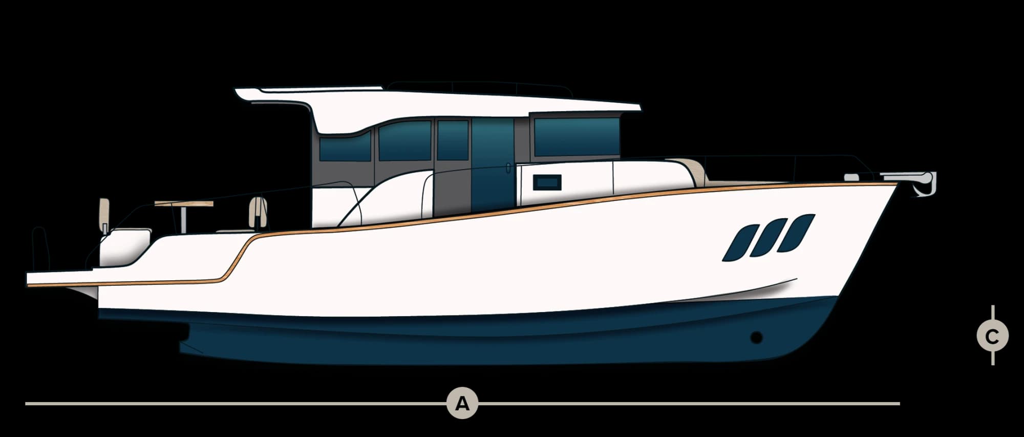 Side-view line drawing of the Wia 350 hull.