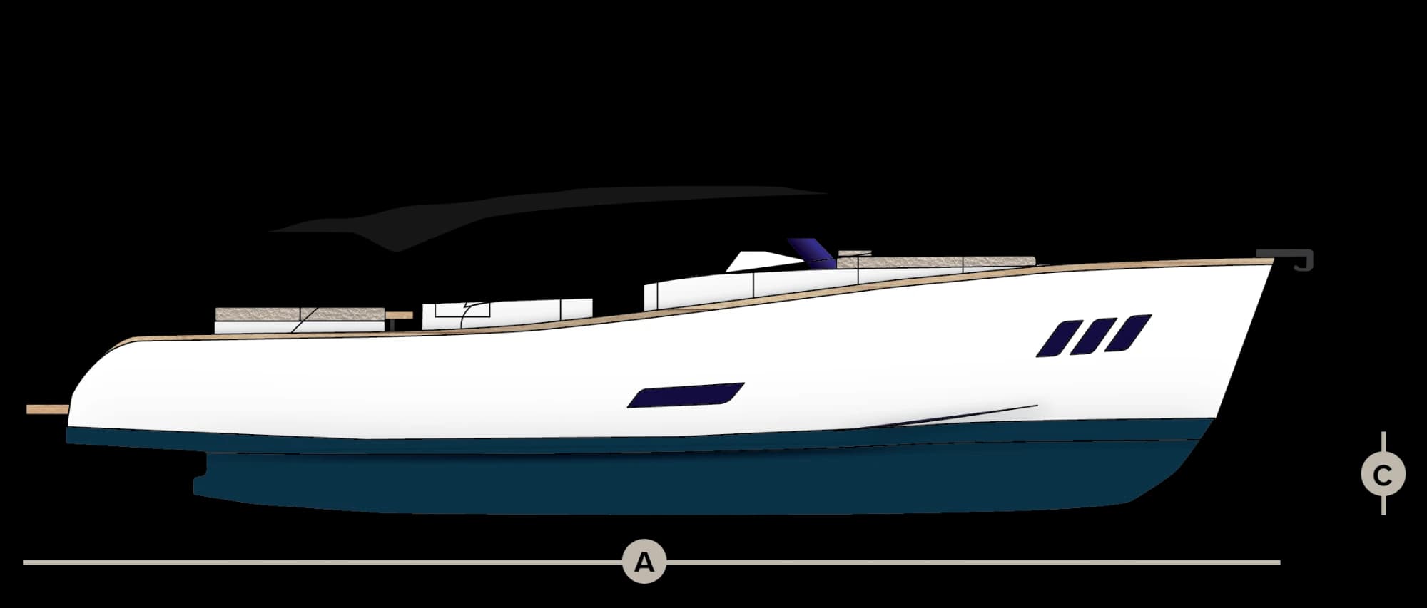 Side-view line drawing of the Wia 450 Cabrio hull.