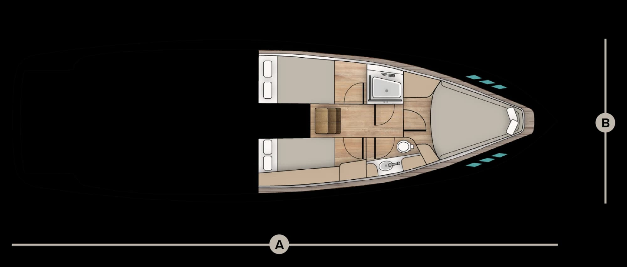 Cabin-level plan drawing of the Wia 450 HardTop.