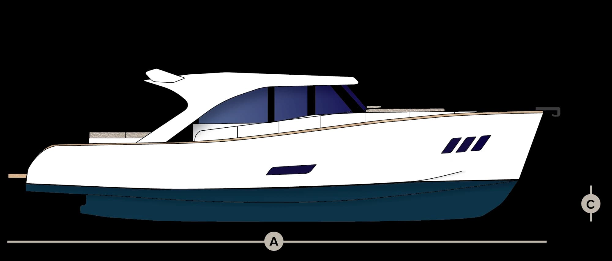 Side-view line drawing of the Wia 450 HardTop hull.