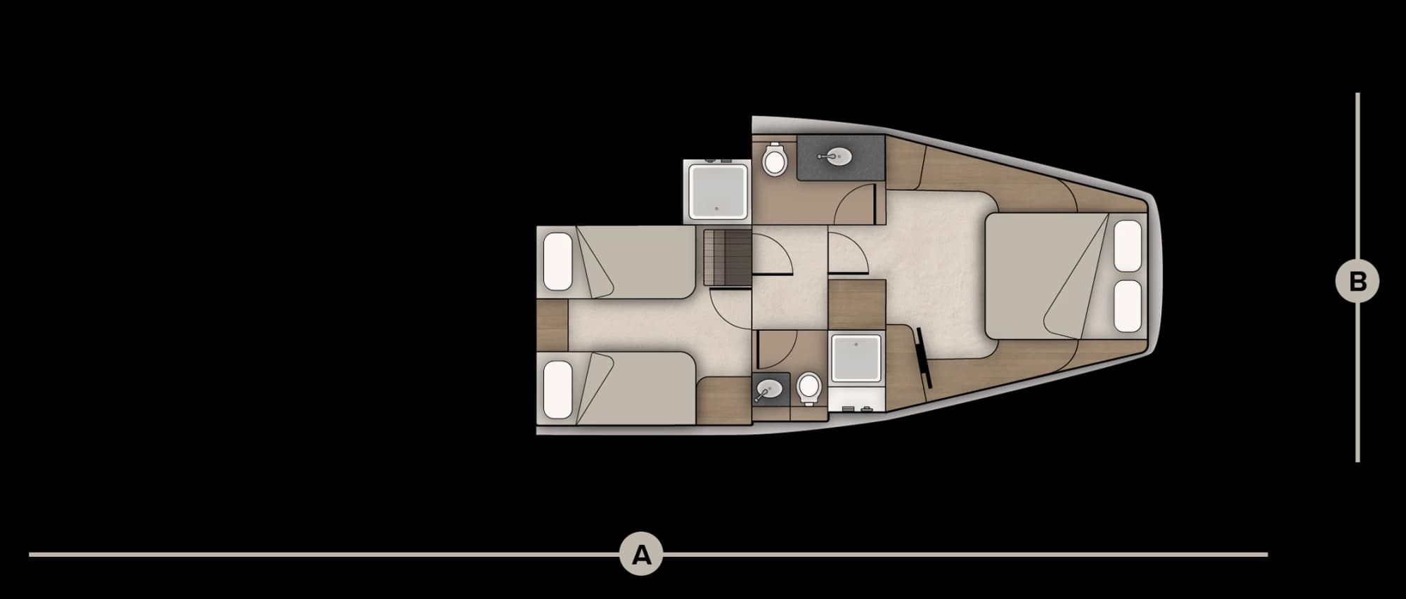 Cabin-level plan of the Wia 520 Open showing the berths, the heads and the galley, with the length (A) and the beam (B) marked.