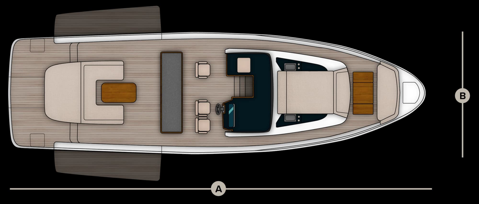 Deck-level plan of the Wia 520 Open showing the cockpit, seating and sunpads, with the length (A) and the beam (B) marked.