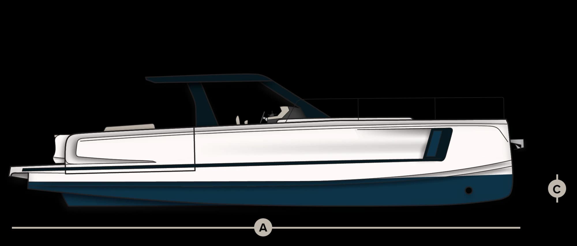 Side-view technical drawing of the Wia 520 Open, with the overall length (A) and the draught (C) marked.