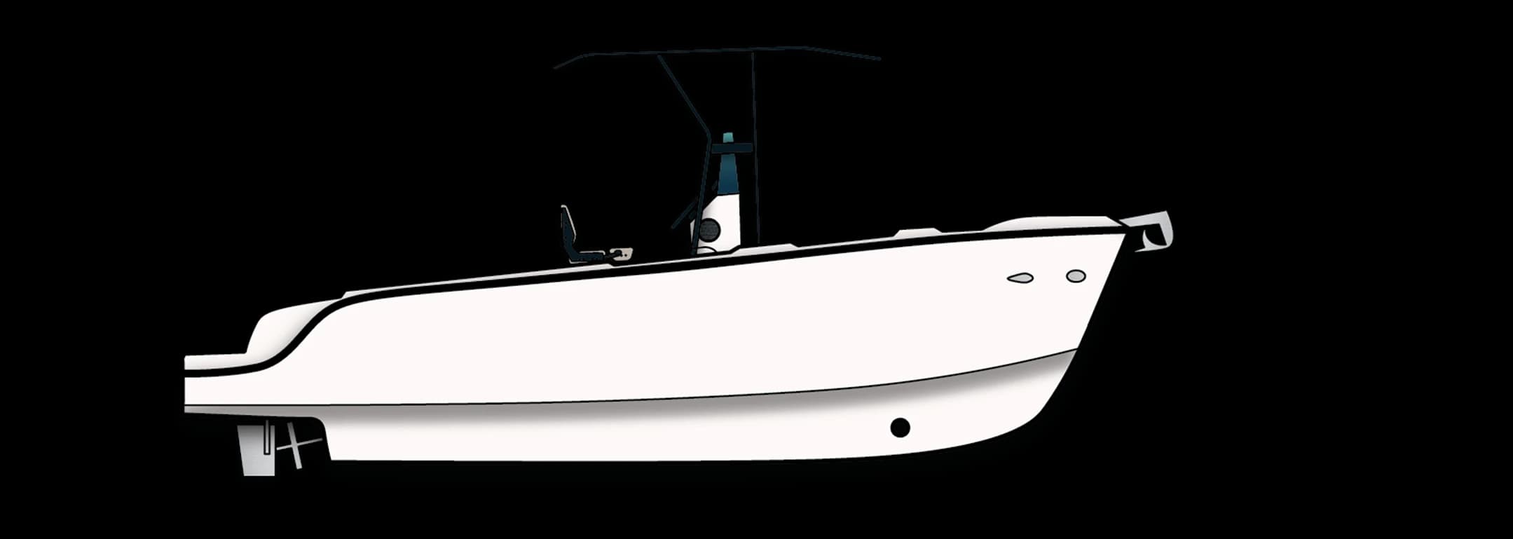 Side-view line drawing of the Wia 230 CC: an open centre-console boat with a T-top and no cabin.