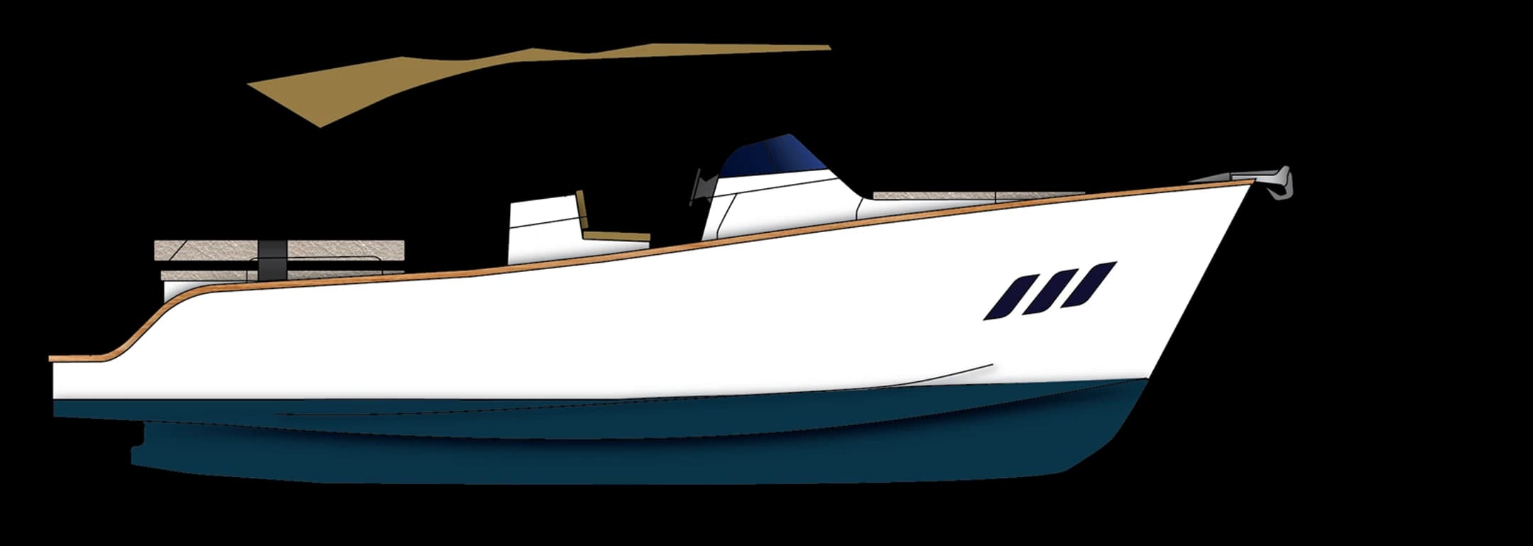 Side-view line drawing of the Wia 330: white hull with a dark blue bottom and a beige canvas bimini top.