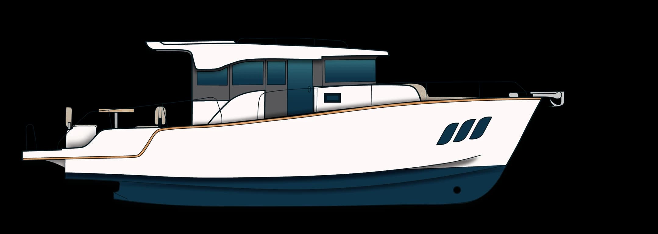Side-view line drawing of the Wia 350: white hull with a dark blue bottom and a compact hard-top cabin.