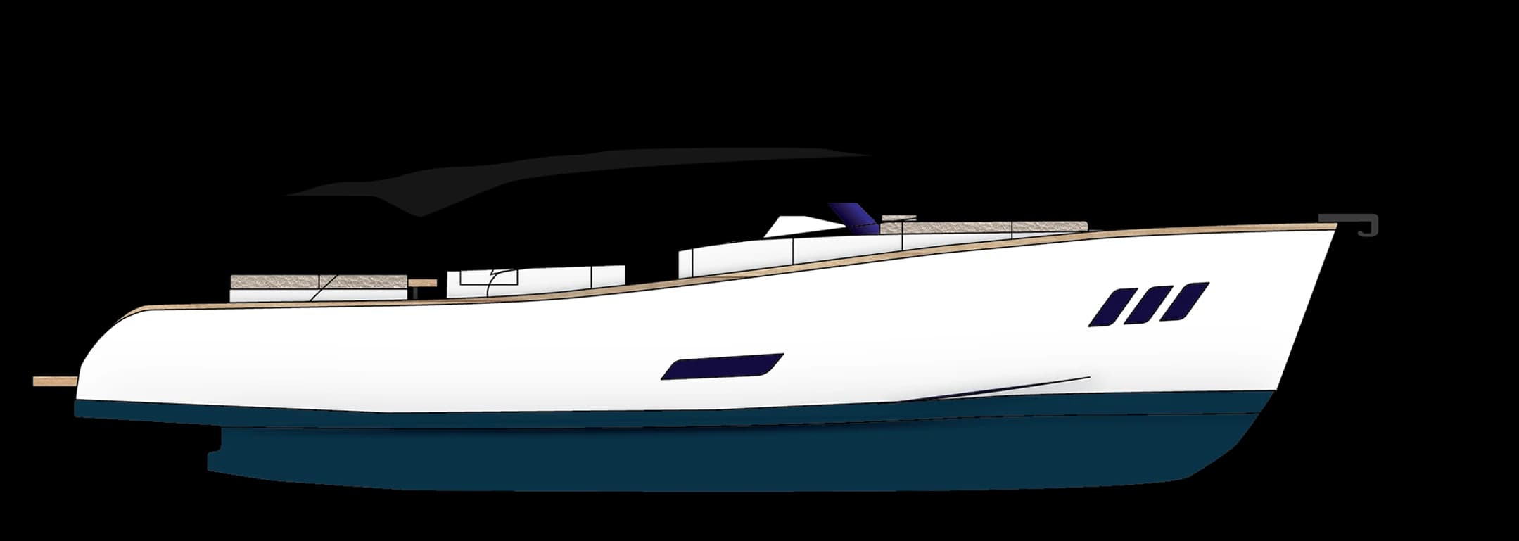 Side-view line drawing of the Wia 450 Cabrio: white hull with a dark blue bottom and a black folding canvas top.