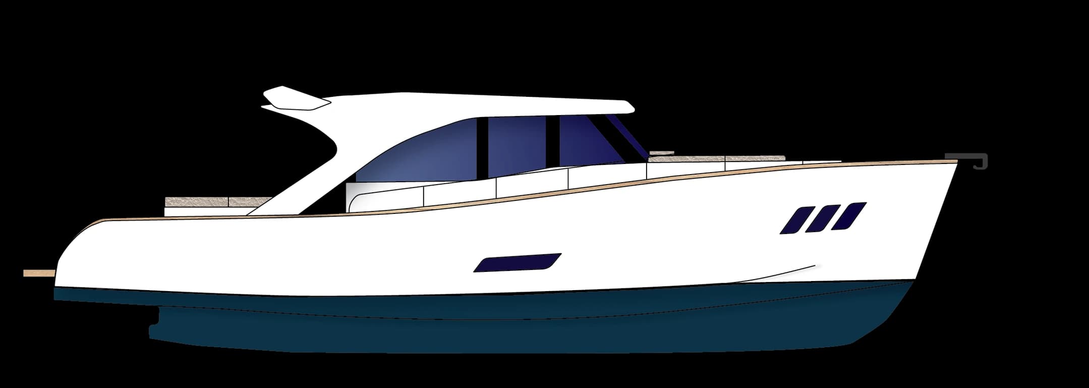 Side-view line drawing of the Wia 450 HardTop: white hull with a dark blue bottom and a glazed hard-top cabin.