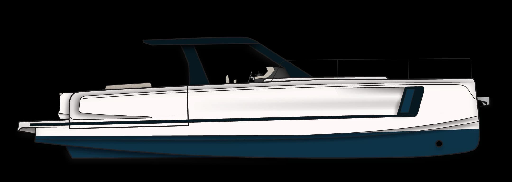Side-view line drawing of the Wia 520 Open: white hull with a dark blue bottom and an open cockpit under a dark roof arch.