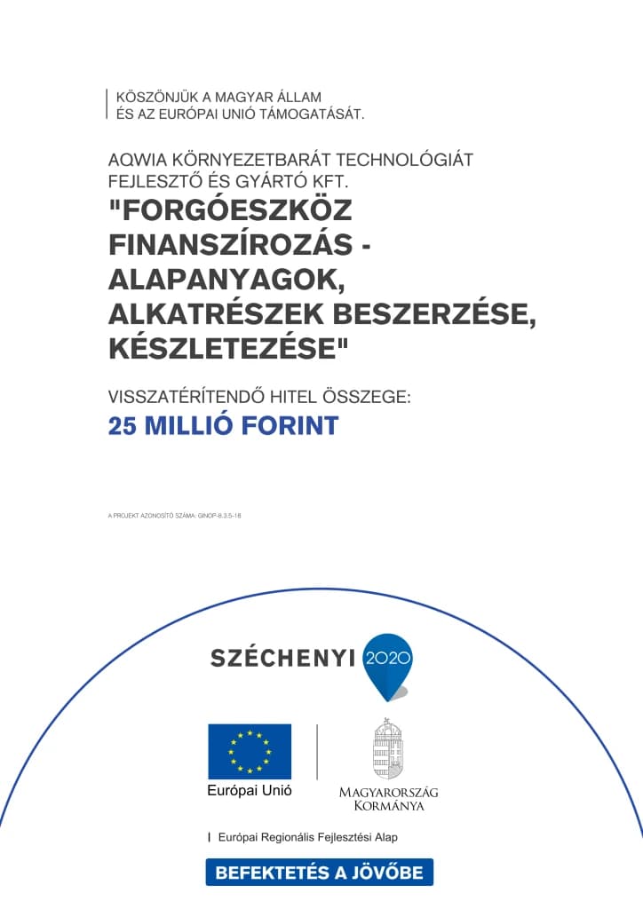 GINOP-8.3.5-18/B project board: Aqwia Kft., “Working capital financing — purchase and stocking of raw materials and parts”, repayable loan of 25 million forint; Széchenyi 2020, European Union — European Regional Development Fund.