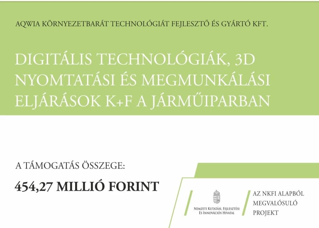 NKFI project board: Aqwia Kft., “R&D of digital technologies, 3D printing and machining processes in the vehicle industry”, grant amount 454.27 million forint, a project realised from the National Research, Development and Innovation Fund.