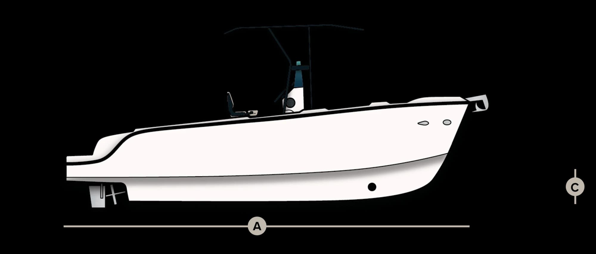 Side-view line drawing of the Wia 230 CC hull.