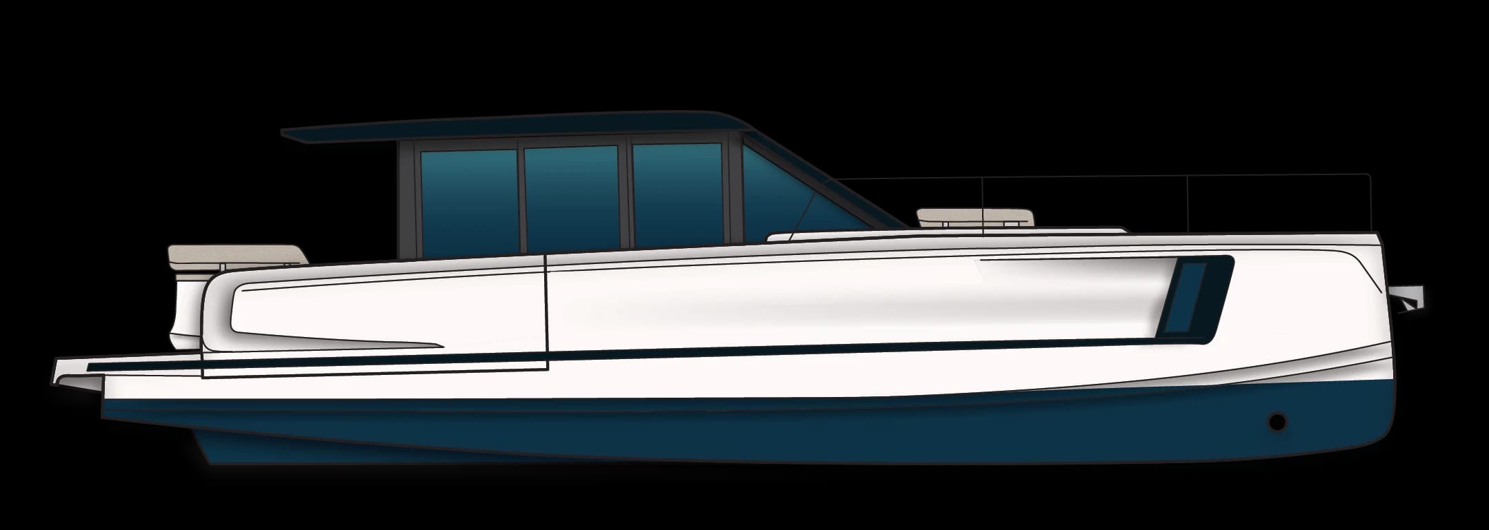 Side-view line drawing of the Wia 520 HardTop: white hull with a dark blue bottom and a glazed hard-top cabin.