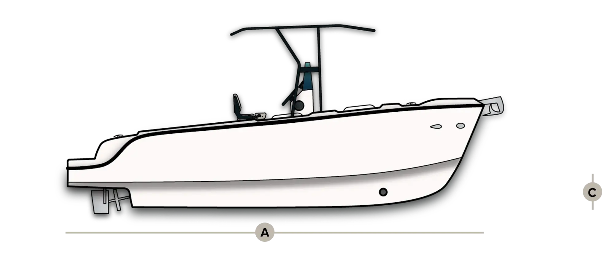 Side-view line drawing of the Wia 230 CC hull.