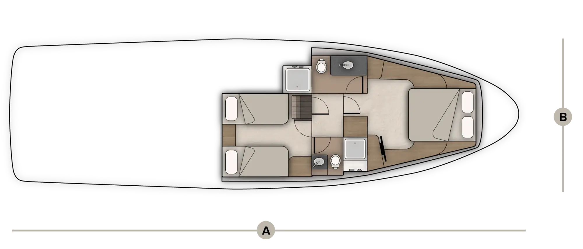 Cabin-level plan of the Wia 520 Open showing the berths, the heads and the galley, with the length (A) and the beam (B) marked.