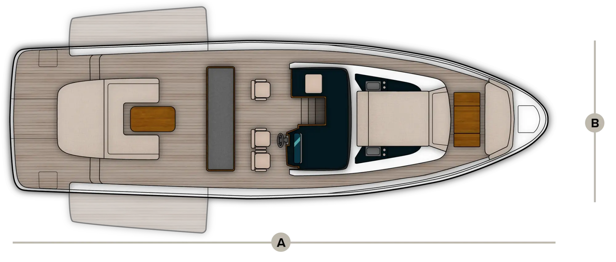 Deck-level plan of the Wia 520 Open showing the cockpit, seating and sunpads, with the length (A) and the beam (B) marked.