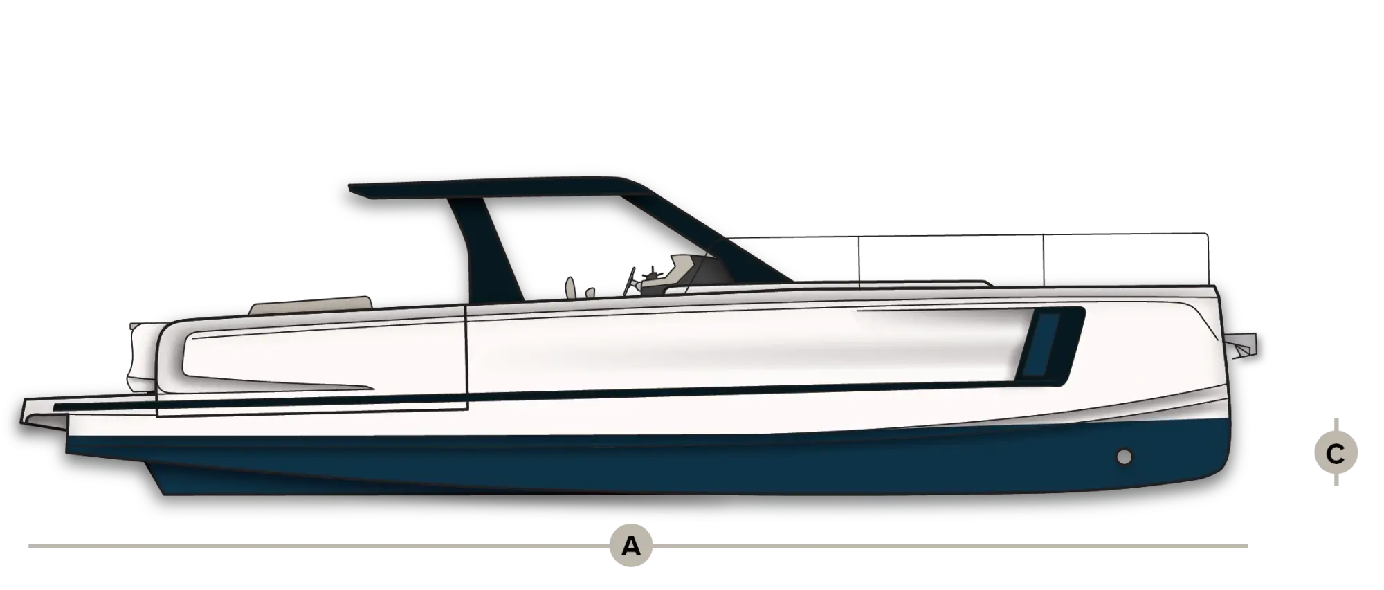 Side-view technical drawing of the Wia 520 Open, with the overall length (A) and the draught (C) marked.
