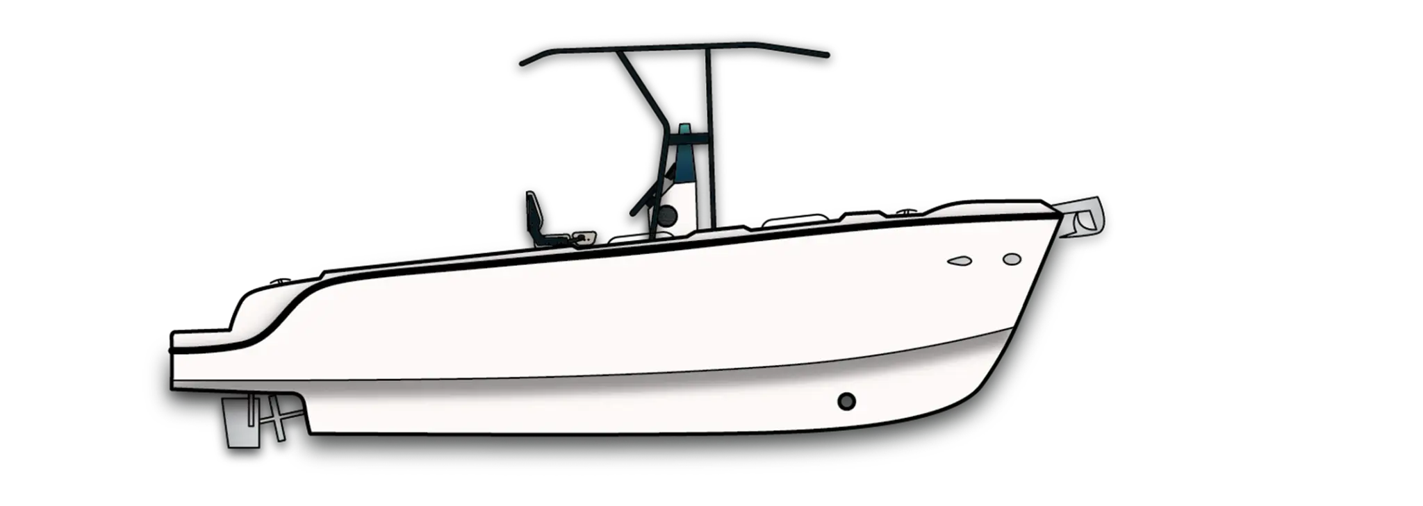 Side-view line drawing of the Wia 230 CC: an open centre-console boat with a T-top and no cabin.