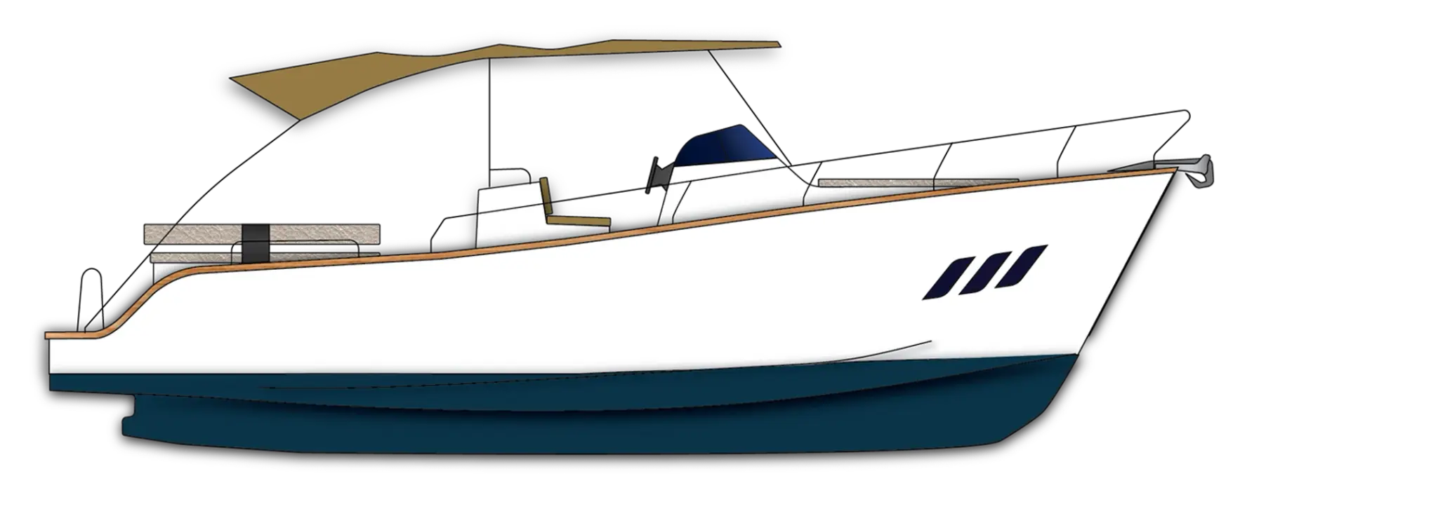 Side-view line drawing of the Wia 330: white hull with a dark blue bottom and a beige canvas bimini top.
