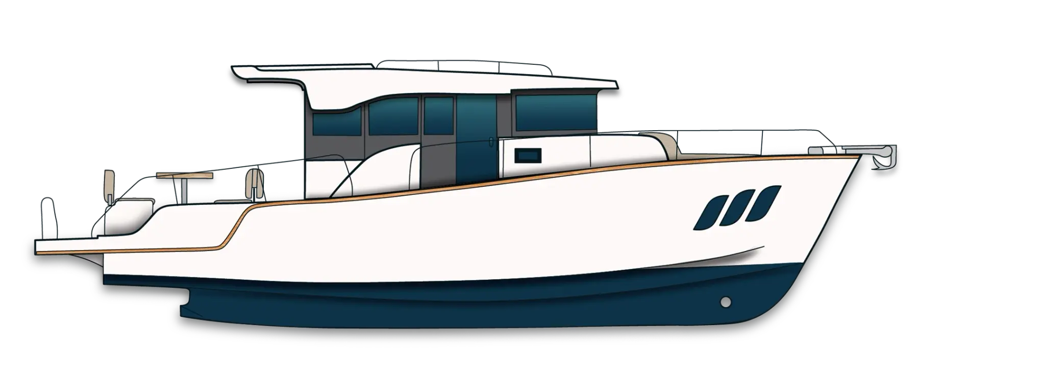 Side-view line drawing of the Wia 350: white hull with a dark blue bottom and a compact hard-top cabin.
