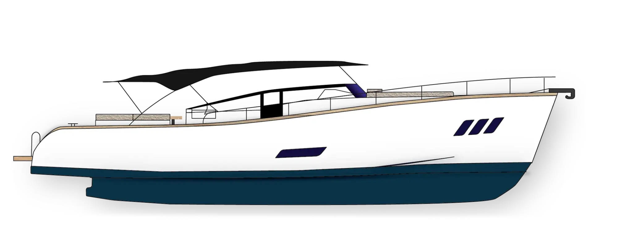 Side-view line drawing of the Wia 450 Cabrio: white hull with a dark blue bottom and a black folding canvas top.