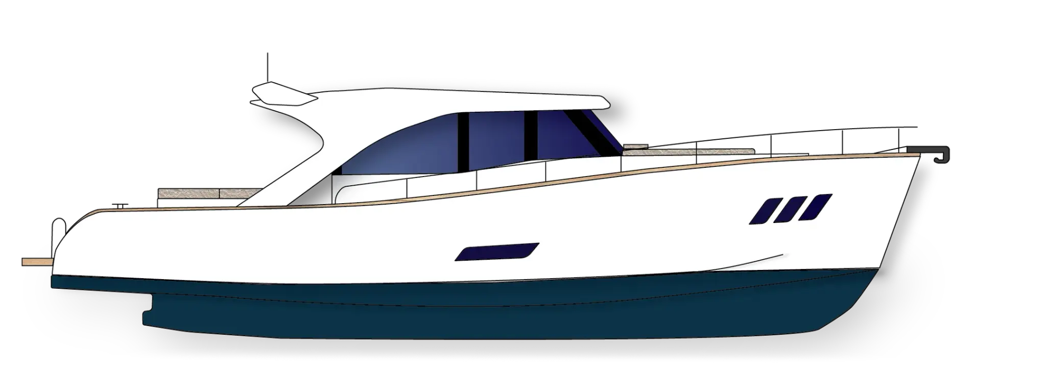 Side-view line drawing of the Wia 450 HardTop: white hull with a dark blue bottom and a glazed hard-top cabin.