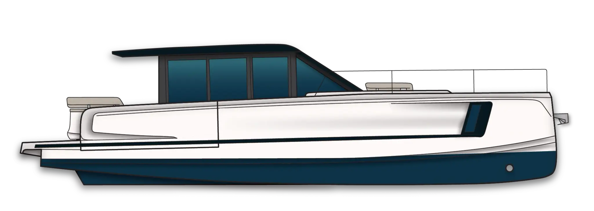 Side-view line drawing of the Wia 520 HardTop: white hull with a dark blue bottom and a glazed hard-top cabin.