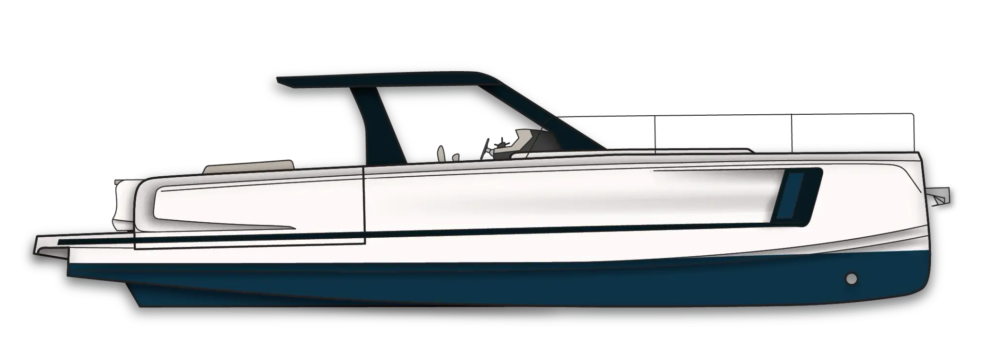 Side-view line drawing of the Wia 520 Open: white hull with a dark blue bottom and an open cockpit under a dark roof arch.