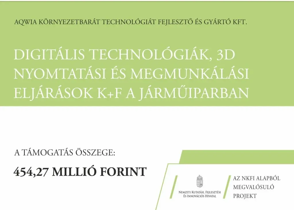 NKFI projekttábla: Aqwia Kft., „Digitális technológiák, 3D nyomtatási és megmunkálási eljárások K+F a járműiparban”, a támogatás összege 454,27 millió forint — az NKFI Alapból megvalósuló projekt.